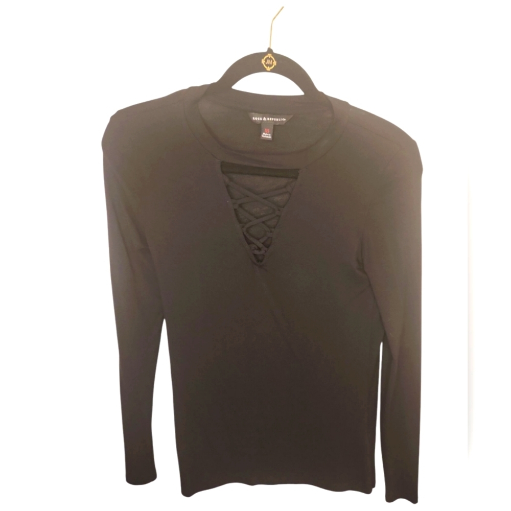 Rock & Republic Women's Black Long Sleeve Lace Up Top Size XS